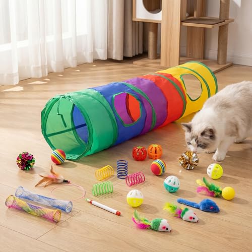 iCAGY 25 Pcs Cat Toys Set, Cat Tunnel Toy for Indoor Cats, Kittens | Interactive Variety Pack, 45" Rainbow Cat Tunnel, Feather Teaser, Feather Golf, Mice, Springs, Balls, Noise Toys - Colorful