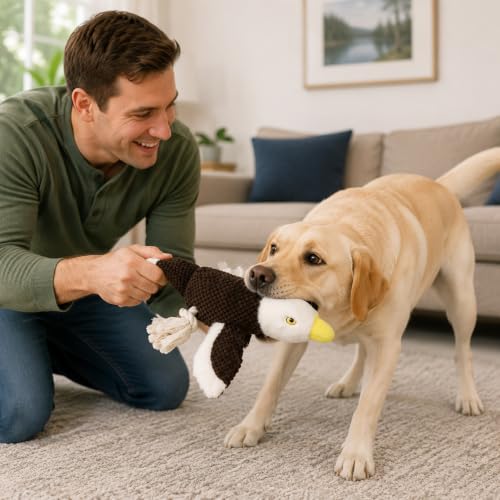Dog Squeaky Toy Plush Bald Eagle Dog Chew Toy with Knotted Rope Tassels, Teething Interactive Tug Toy for Puppies & All Dog Breeds - color: Brown Bird