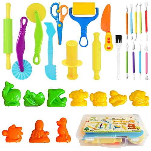 Kleeblatt Dough Tools Set for Kids - 29 Pcs Playdough Kit | 10 ocean molds, 9 Basic Dough Tools, 9 Double-Headed Clay Carving Tools, 1 Cleaning Brush, Exquisite Box - color: KT-DoughTools-8