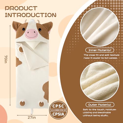 70" 4.2lbs Kids Sleeping Bag with Pillow Brown Cow Toddler Nap Mat | Sleep Sack 2-in-1 Sleeping Mat& Blanket Washable Roll-Up w/ Handle For Daycare Kindergarten Thick Soft & Portable In Gift Box - color: Cow-Brown