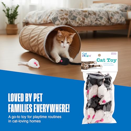 Penn-Plax Play Fur Mice Cat Toys, 12 Pack - Soft Polyester with Rattling Sound for Interactive Play, Exercise & Hunting - Lightweight Cat Toy Set for All Ages & Breeds - Black, White & Gray - 2 Inches