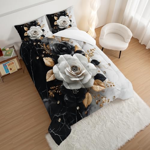 HOSIMA Floral Queen Bedding Sets for Women,Black White Marble Grain Ink Fluid Art Comforter Floral Bedding for Girls Room Decor,Golden Leaves Pattern Lightweight Comforter with 2 Pillowcases. - color: Black, size: Queen