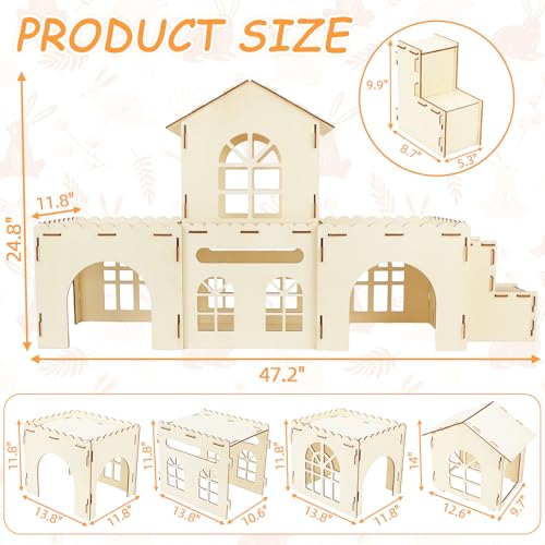 BWOGUE Extra Large Wooden Rabbit Castle, Bunny House Two Tiers with Stairs | Wooden Bunny Hideout, Rabbit Houses and Hideouts, Natural Pine Wood, Detachable Build, Two Doors, Guinea Pigs & Rabbits - style: 4 House and 1 Ladder