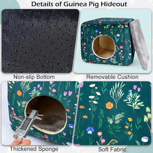 Bienbee Guinea Pig Hideout, Washable Plush House for Small Animals | Guinea Pig House with 2 Wide Entrances, Removable Mat and Non-skid Bottom,Warm and Cozy for Small Pet's Resting and Hiding - color: Green Flowers