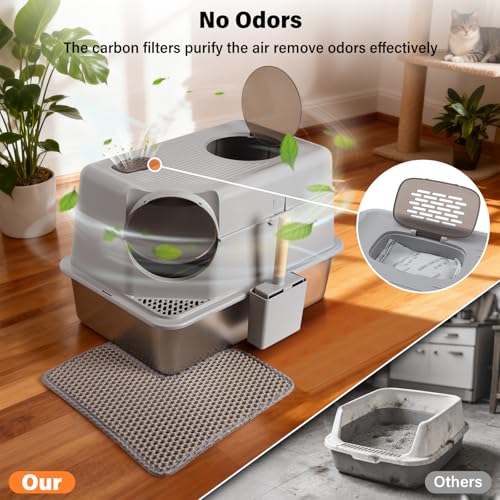 Stainless Steel Litter Box with Lid,Extra Large Enclosed cat Litter Box | Enclosed Metal litterbox with Flip Top,Front and Top Entry,Anti-Leakage,Easy Cleaning,Includes Scoop & Mat - color: Enclosed-XL
