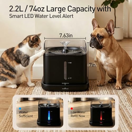 Cat Water Fountain, 2.2L Automatic Pet Water Fountain for Cats and Small Dogs, 2.4GHz WiFi App Control, Rechargeable Motion Sensor, 3 Water Modes, Detachable Tank, Black - color: BLACK