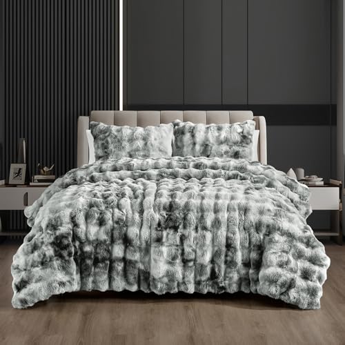 Fredsure Faux Rabbit Fur Comforter Set, 3 Pieces Tie Dye Grey King, Faux Rabbit Fur Face and Microfiber Reverse - color: Tie Dye Grey, size: King