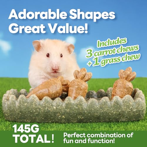 TEEWY Guinea Pig Chew Toys, Prevent Teeth Overgrowth, Natural Timothy Grass & Vegetables, Hamster Chew Toys, Guinea Pig Toys, Chinchilla Toys, 4PCS, Grass Patch & Carrots - style: 4PCS-Grass Patch & Carrots