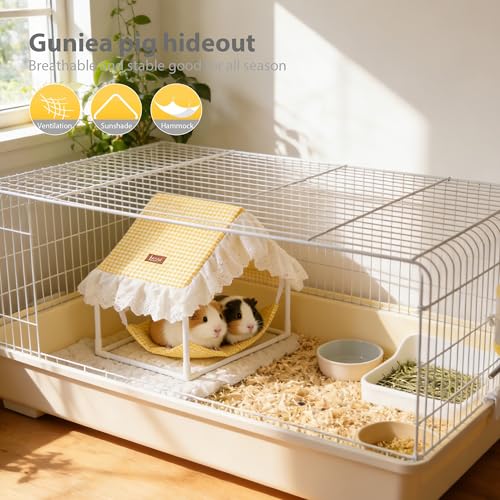 Guinea Pigs Hammock with Curtain Guinea Pig Hideout Washable(Yellow) | Machine Washable Guinea Pig Tent Hideout Breathable Bunny hammock rabbit hide for Dwarf Rabbit,Guinea Pig cage Accessories