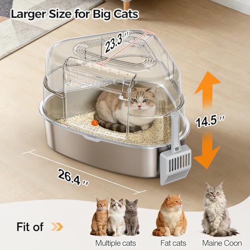 Chumajor XXL Stainless Steel Corner Cat Litter Box with Lid,Grey | Sturdy, No Odor & Space-Saving Hidden Design for Large Cats,Grey