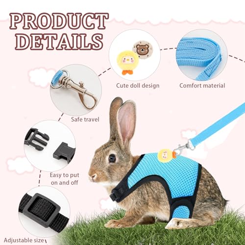 4-Pack Rabbit Harness and Leash Set, Rabbit Leash and Harness Set Escape Proof, Adjustable, with 2 Pendants, for Ferrets Pigs Puppies Small Animals Pets Outdoor Walking Supplies (Pink/Blue)