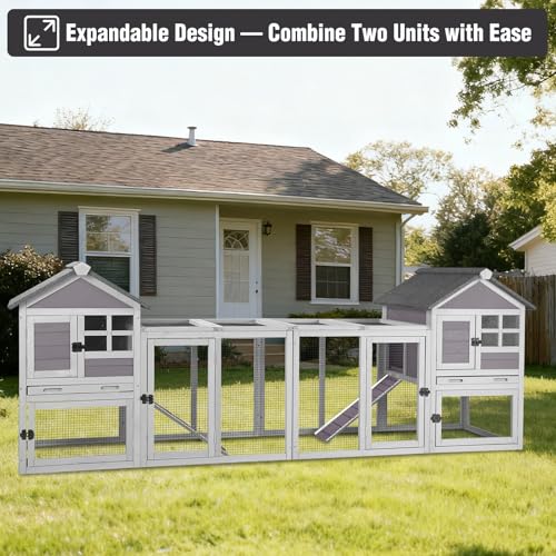Large Rabbit Hutch Outdoor Indoor, Bunny Cage with 4 Access Areas & Pull-Out Leak-Proof Trays, Waterproof Roof Wooden Bunny Hutch for 1-2 Rabbits, Guinea Pigs, Chickens - color: Grey-XZ7002