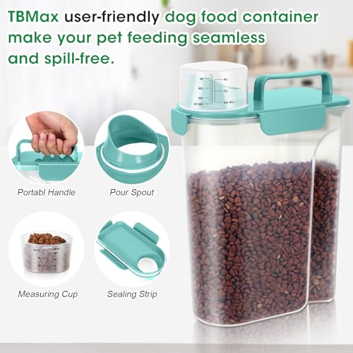 Pet Dog Cat Food Storage Container 5 to 7 lbs with Can Cover and Mixing Spoon, Airtight Travel Pet Food Storage Dispenser with Easy-pouring Spout & Cup, Kibble Dog Treat Bird Seed Container -Cyan - color: Cyan 6Qt