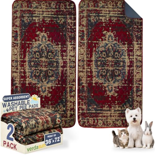 Washable Pee Pads for Dogs, Reusable Puppy Potty Training Pads, Ultra-Absorbent Thick Waterproof Leak-Proof Non-Slip Pads & Mat for Crate, Playpen, Floor, Whelping & Housebreaking , 2 Pack 36"x72" - color: Burgundy/Blue/Multi, size: 36" ×72"(pack of 2)
