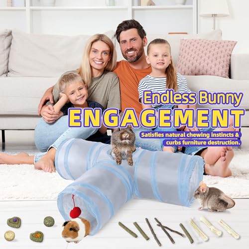 Bunny Tunnels & Tubes Collapsible 3 Way Rabbit Hideout with 13pcs Toys for Bunny Guinea Pig Hamster Chinchilla Hedgehog Rat Ferret Kitten (GY&BU) - color: GY&BU