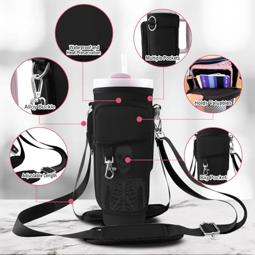 Stanley Carrier Bag for Stanley 40oz/30ozTumbler with Phone with 2 Adjustable Strap,3 Pockets Bottle Stanley Cup Carrier Bag & Case,Accessories for Hiking Travelling - color: Gothic Skeleton