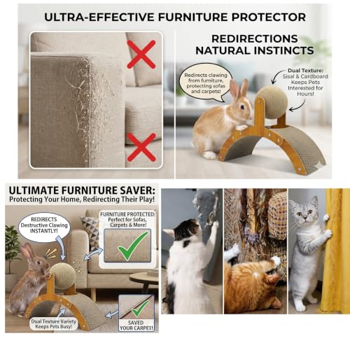 2-in-1 Rabbit Scratching Toy - Natural Sisal Ball & Corrugated Cardboard Pad Bunny Claw Scratcher, Stable Wood Arch Bridge Interactive Toys for Rabbits, Kittens, Ferrets, Chinchillas