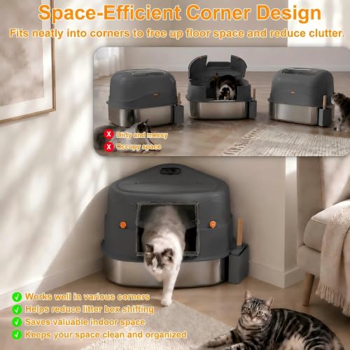 Gimars XXXL Stainless Steel Enclosed Corner Cat Litter Box with Lid, Triangle Design 27" x 20" x 17", High Sided Metal Enclosure for Large Cats, Space Saving Odor Control System