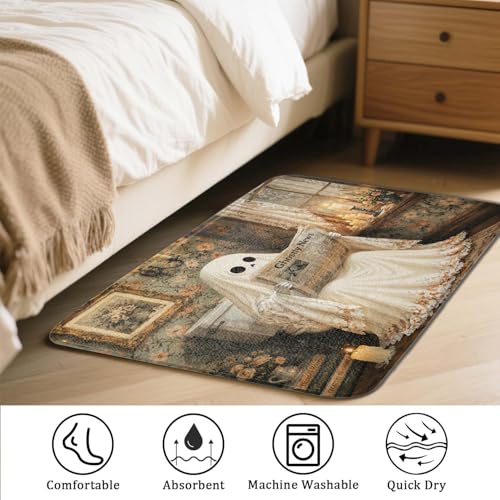 JAWO Funny Halloween Bath Mat, Gothic Ghost Sitting on Toilet Reading Newspaper Print, Vintage Spooky Non-Slip Absorbent Floor Mat for Bathroom Party Decor 16X24 - color: Beige1, size: 16.00" X 24.00"