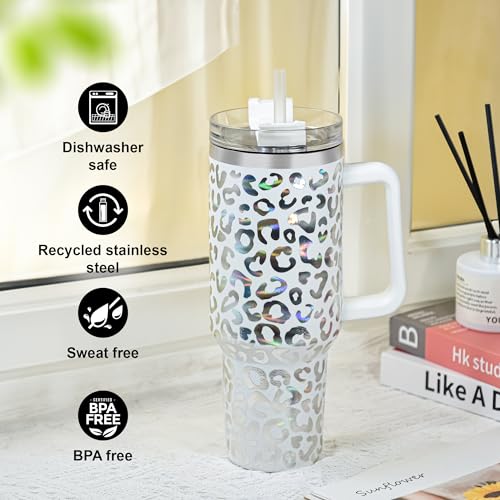 40 oz Cow Tumbler with Handle and Straw, 100% Leak-Proof Travel Mug, Stainless Steel Double Wall Vacuum Insulated Coffee Cup Keeps Cold For 34 Hours, White Cow - color: White Cow