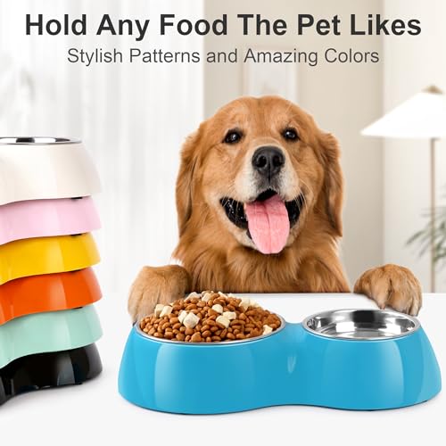 Double Dog Bowls and Food Bowls,Includes Small (4 fl oz) & Medium (10 fl oz) & Non-Slip Resin Station,Pet Feeder for Puppy Medium Dogs Cats - Blue - color: Blue, size: Medium