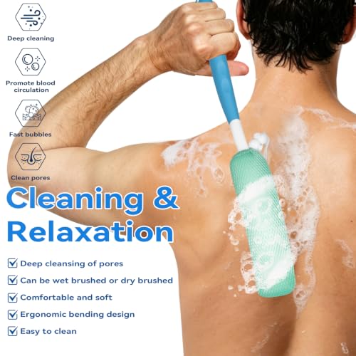 Shower Back Body Brush with Long Handle，15.35"Back Scrubber for Men & Women | Body Brush for Bath with Anti Slip Long Handle,Exfoliating Mesh Sponge Body Scrubber, Removable Curved Back Scrub Brush - size: Black+Pink Handle