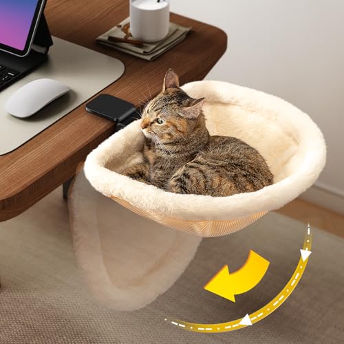 Cat Desk Bed One-Click Folding Maximum Holds 40lb, Cream Fur | Sunken Design & Space-Saving Semi-Circular Cat Bed, Soft Faux Rabbit Fur Material, Suitable for Various Desktops - color: Cream