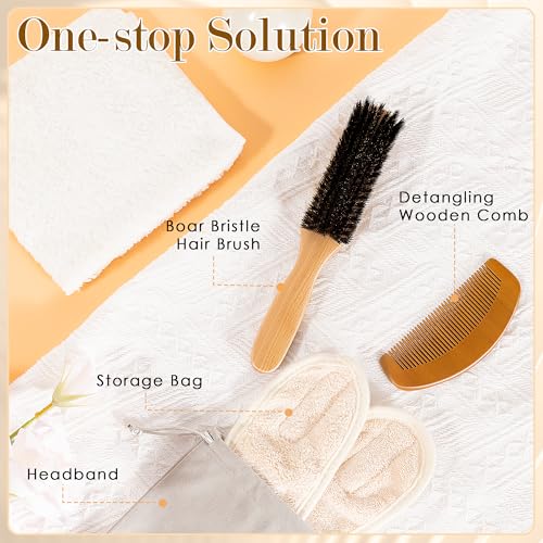 4PCS Boar Bristle Hair Brush Comb Set for Women Men Kid, Soft Natural Slick Back Hair Brush for Thin & Fine Hair, Travel Bag & Spa Headband Included - size: 1 Count (Pack of 4)