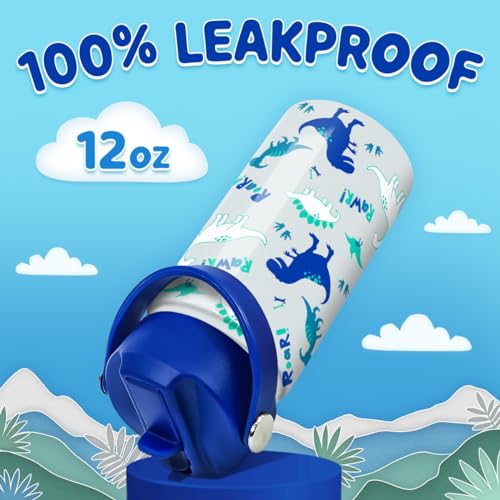 SANDJEST Dinosaur 12 oz Insulated Stainless Steel Water Bottle with Straw Lid - Thermos for Kids & Teens - School, Sports, Travel Cup - color: Dinosaur 1