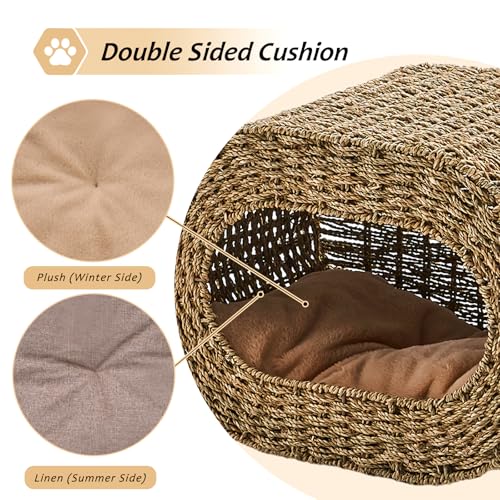 Cat House,Handwoven Cat Cave Pet Cube, Natural Cat Beds Indoor Kitten House with Double-Sided Soft Cushions, Pet Cat House for Multiple Cats, for Living Room Bedroom - color: Seagrass