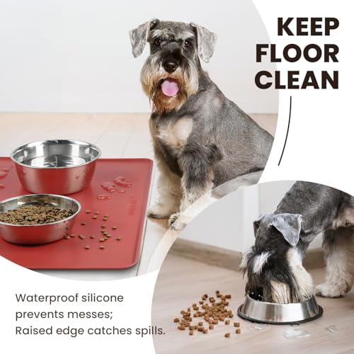 VIVAGLORY Pet Food Mat Flexmat Dog Bowl Mat, S, Burgundy | Non Slip Silicone for Pet Kitten & Doggy, Placemat with Lip for Floor - color: Burgundy, size: S (18.9 x 11.8in)