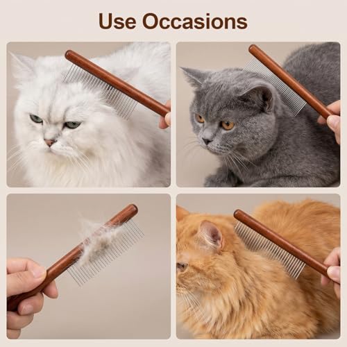 3Pcs Solid Wood Cat Combs, Dog Cat Grooming Comb with Wooden Handle | Stainless Steel Teeth, Pet Grooming Supplies Accessories for Hairy Pets