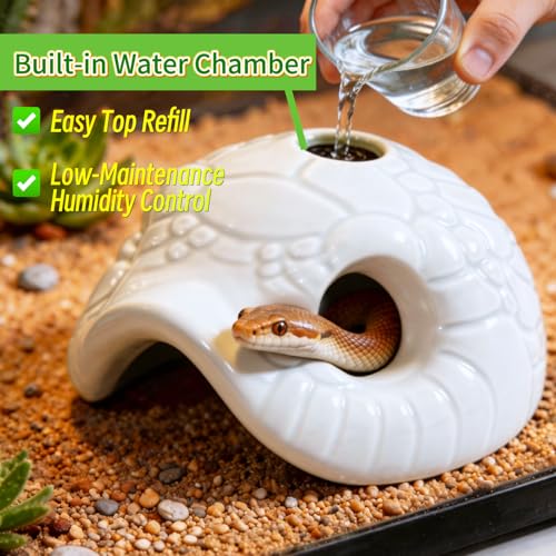 Snake Head Reptile Hide Cave, White | Small Ceramic, Gecko Hideout with Water Reservoir, Mini Terrarium Decor, For Juvenile Snake, Lizard, Frog - color: White