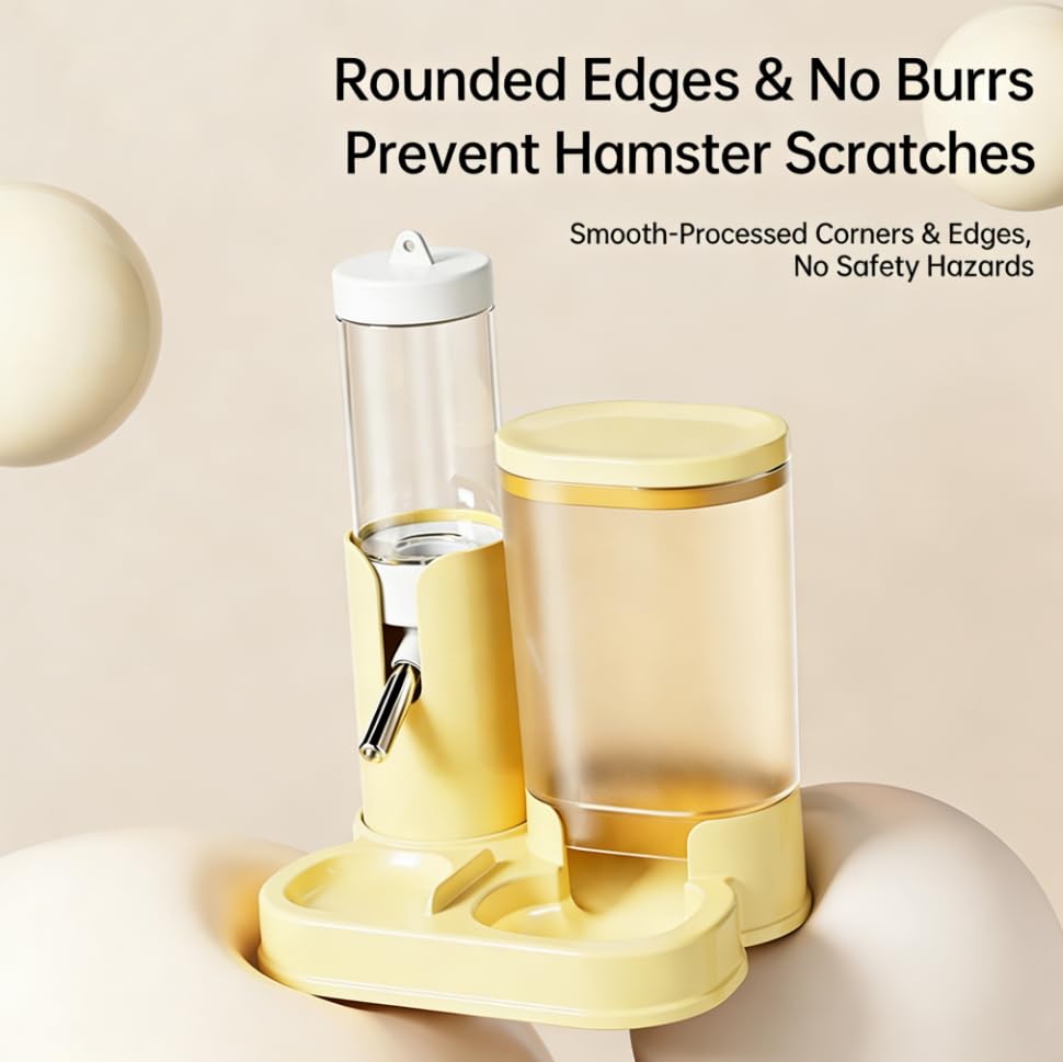 No Drip Hamster Water Bottle, 2 in 1 Hamster Water Dispenser & Food Bowl | Sealed Freestanding Small Animal Gravity Feeder, Hamster Cage Accessories for Dwarf Hamster, Gerbil, Rat, Mice (Yellow) - color: Yellow