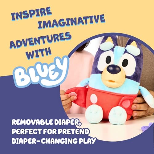 Bluey Toys, Care and Cuddle Baby Plush Toy, 11", 10 Sounds, Ages 3+ | Includes bottle, pacifier, and removable cloth diaper for nurturing play, interactive toddler toys - style: Cuddle & Care Baby Bluey