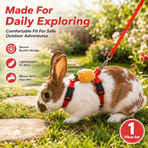 Rabbit Harness and Leash Set, Bunny Leash for Walking Escape Proof, Adjustable Cute Vest with Decoration for Ferret Cat Puppy Small Pets (Carrot)