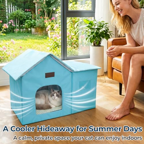 PatiencET Large Cat Cooling House for 2 Small Cats, Indoor Cooling Cat House for Summer, Blue Cat Hideaway Bed with Side Ice Packs, Insulated Foil Lining - size: Large
