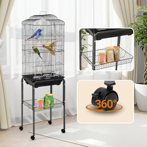 TrailBlaze 60'' Extra Large Rolling Bird Cage with Storage Shelf – Metal Parrot Cage with 4 Doors, Removable Slide-Out Tray, Perches, Food Bowls, Detachable Stand – for Parakeets, Cockatiels, Conures