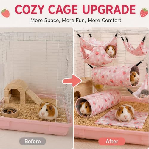 5 Pack Ferret Hammock, Rat Hammock, Washable Guinea Pig Hideout Bed, Soft Hanging Tunnel & Mat, Small Pet Cage Accessories for Chinchilla, Squirrel (Pink)