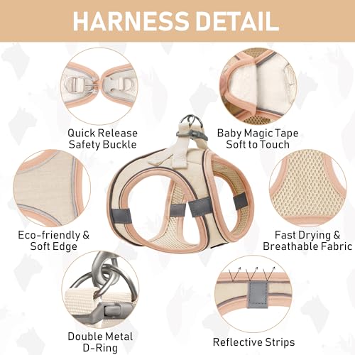GAMUDA Small Pet Harness Collar and Leash Set, Step in No Chock No Pull Linen Fabric Soft Mesh Dog Vest Harnesses Reflective for Dogs Puppy Cats Kitten Rabbit (Khaki, XXS) - color: Khaki, size: XXS