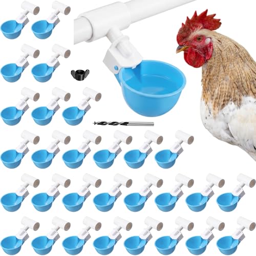 LemonRoad 30 Set Automatic Chicken Waterer Cups with 1/2" PVC Tee Fitting Chicken Drinking Bowl, Poultry Drinker Mounting Hole Opener,Water Dispenser Feeder for Duck, Goose, Pigeon(Light Blue) - color: Light Blue