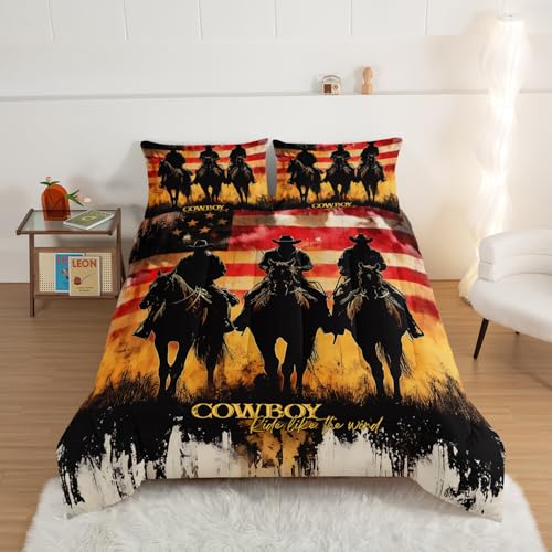 HOSIMA Cowboy Full Comforter,Cowboys Riding Horses Print Western Bedding for Adults Teens Boys Room Decor,Fluffy American Flag Background Pattern Country Comforter with 2 Pillowcases. - color: Brown, size: Full