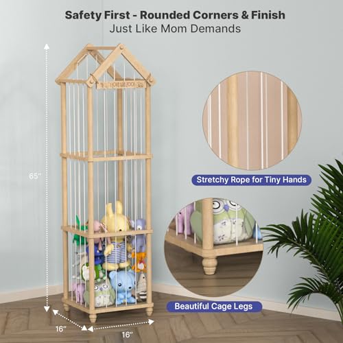 Stuffed Animal Storage Zoo, 65" Extra Large Wooden Plush Toy Organizer, Solid Pine Toy Holder with 3D Sign & Sturdy Base, Vertical Corner Stuffed Animal Cage for Nursery Playroom - size: XLL