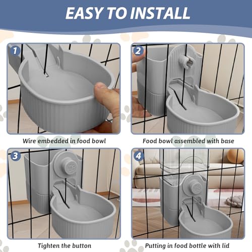 Fhiny Rabbit Food & Water Dispenser, Large Capacity Gravity Guinea Pig Feeder and Waterer Set Hanging Automatic Bunny Feeder for Cage for Bunny Guinea Pig Chinchilla Ferret Cat Puppy - color: Grey