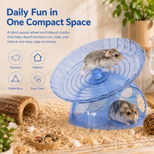 Silent Hamster Wheel with Hideout, 7.09 in Saucer Wheel for Dwarf Hamsters | 2-in-1 flying saucer wheel with hideout, quiet spin, wide track, clear body, stable base, easy-clean surface - color: Blue