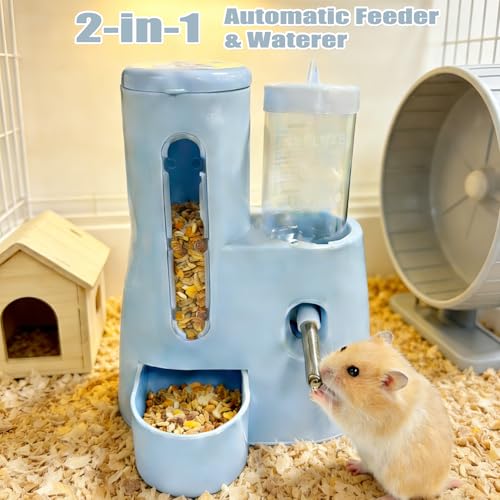 Hamster Water Bottle with Food Bowl,Hamster Cage Accessories 300ml+80ml | 2-in-1 Automatic Feeder and Water Bottle No Drip