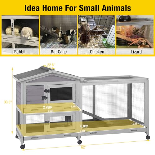 Aivituvin Rabbit Hutch Outdoor Indoor Rabbit Cage Chikcen Coop with Casters Guinea Pig Cage with 3 Deep No Leakage Pull Out Tray,Waterproof Roof - color: Grey