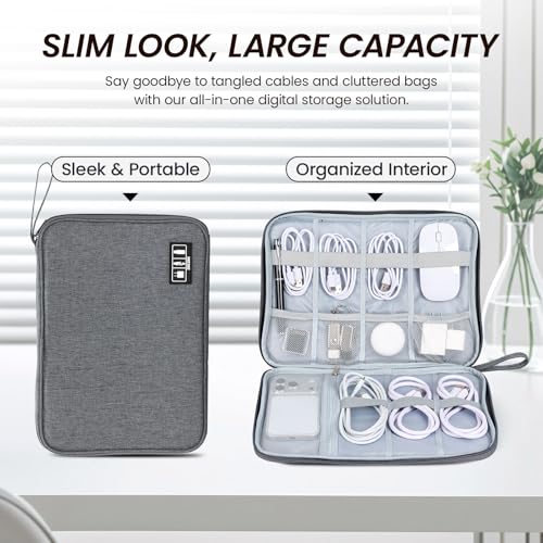 Cable Organizer Bag, Electronics Organizer Case for Tech Accessories | Store chargers, cables, power banks and adapters with elastic loops, mesh pockets and organized compartments for travel. - color: gray, size: L