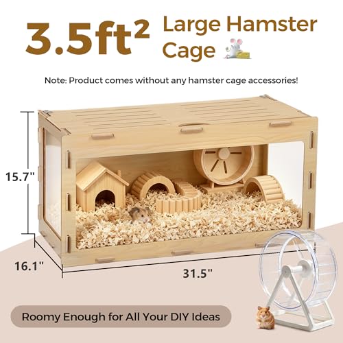 COZIWOW Wooden Hamster Cage 32" Large Small Animal Habitat Enclosure | Chewproof Acrylic Panel, 270° Panoramic View, 32x16x16" Spacious Cage, Ventilated Top, Tool-Free Assembly, Fit Gerbil