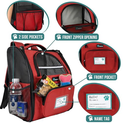 PetAmi Dog Backpack Carrier Airline Approved Cat Pet Puppy Bag, Red | Ideal for Small Medium Large Pet up to 18 lb, 2 Side Entry Structured No-Collapse Frame, Ventilated Bookbag for Hiking Travel - color: Red